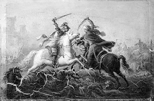 En kristen og en tyrkisk ridder kæmper til hest, 1787, Anthon Christoffer Rüde