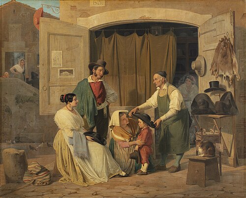 Roman peasants buying a hat for their little son, who is to be an abbot, 1840, Albert Küchler