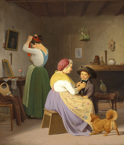 A Grandmother tidying up a little Boy, while his Mother is dressing in front of a Mirror., 1850, Albert Küchler