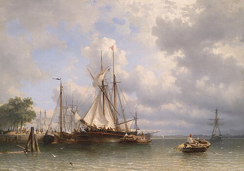 Sailing ships in the harbor, 1862, Anthonie Waldorp
