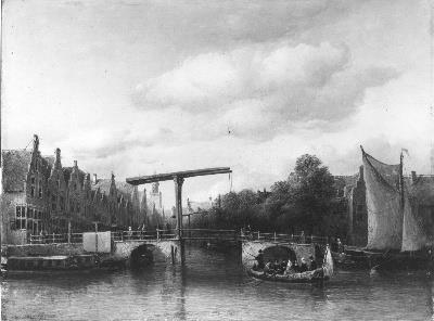 Een ophaalbrug over een stadsgracht, 1849, Anthonie Waldorp