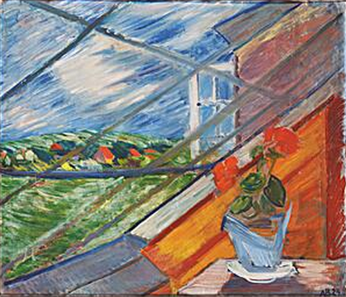 Flowers on a table with a view through a roof window., 1924, Axel Bentzen