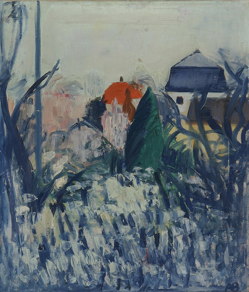 Houses behind bushes., 1950, Axel Bentzen
