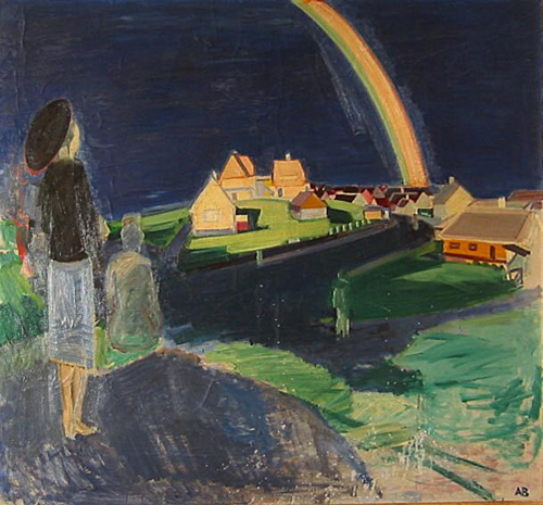 Rainbow over a village, watched by a person., 1950, Axel Bentzen