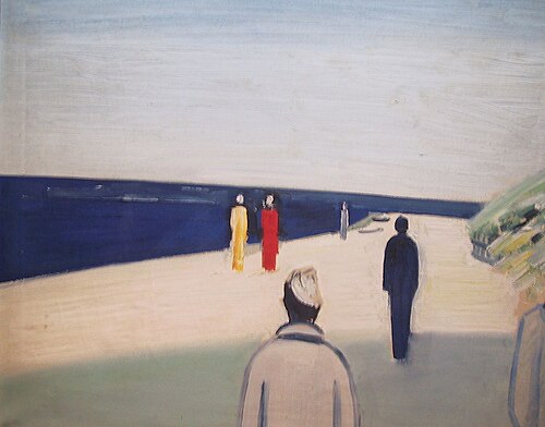 People strolling on a beach., 1950, Axel Bentzen