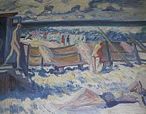 Beach scene with people and beach cabins., 1929, Axel Bentzen