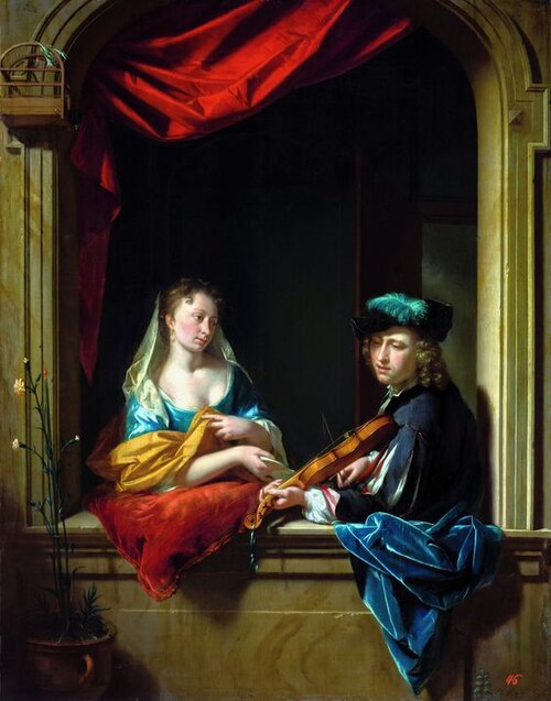 Le violoniste et une dame., 1750, Philip van Dijk