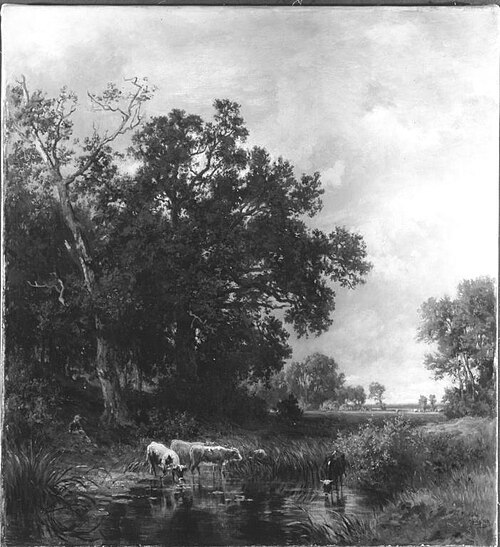 Kühe unter mächtiger Eiche am Weiher, 1880, Philipp Röth