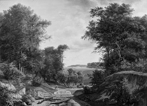 Parti af Terkelskoven med kalkbrænderiet ved Farum, 1828, Johan Stroe