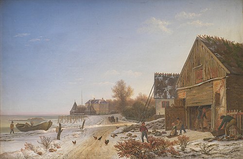 Strandvejen ved Vedbæk. Vintereftermiddag, 1838, Johan Stroe