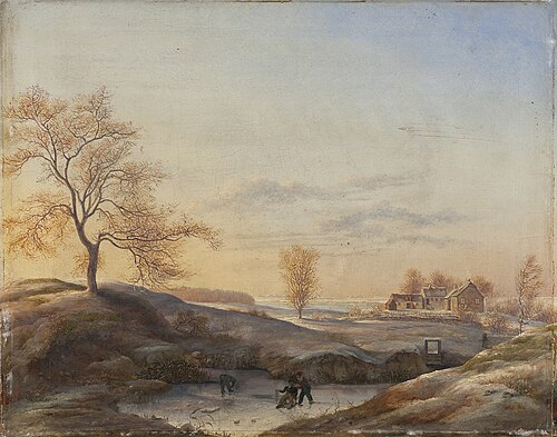 Vinterlandskab fra Frederiksdal med skøjteløbere, 1824, Johan Stroe
