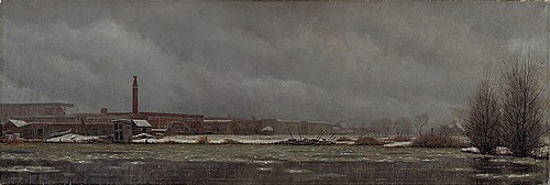 Gezicht op het Olympisch stadion vanaf het Jaagpad aan de overzijde van de Schinkel bij winter, 1930, August Grotegoed