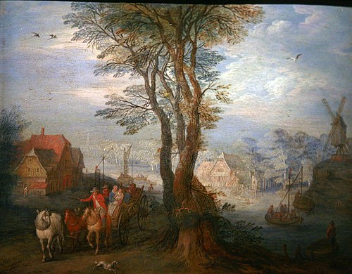 Peasants on a Wagon near a River flowing through a Village, , Jan Brueghel l'Ancien