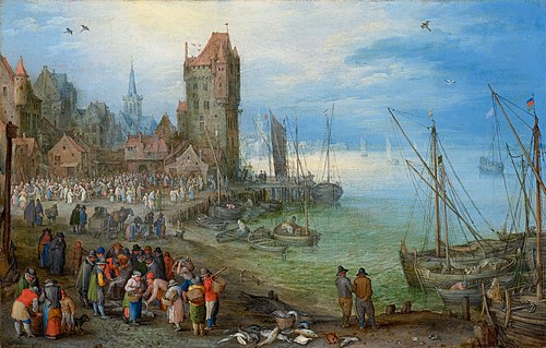 Harbour scene with fish market, 1605, Jan Brueghel l'Ancien