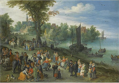 The edge of a village with figures dancing on the bank of a river and a fish-seller and a self portr, 1616, Jan Brueghel l'Ancien