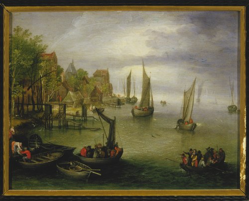 Flämische Fähre auf der Schwede gegenüber Antwerpen, 1608, Jan Brueghel l'Ancien
