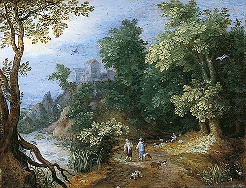 Landscape with Sportsmen and Dogs, 1593, Jan Brueghel l'Ancien