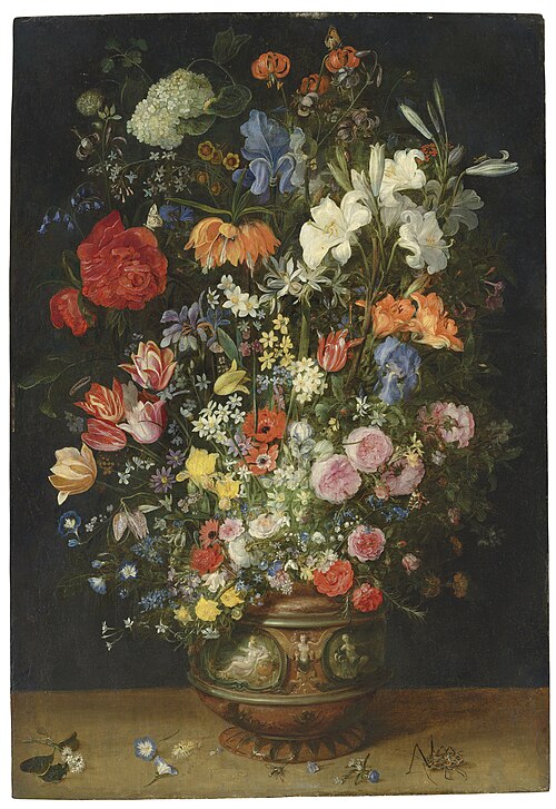 Lilies, tulips, roses and other flowers in an ornamental vase on a ledge, with butterflies and beetl, , Jan Brueghel l'Ancien