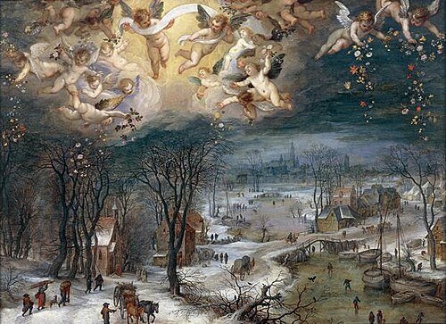 Winter landscape with a glory of angels, 1602, Jan Brueghel l'Ancien