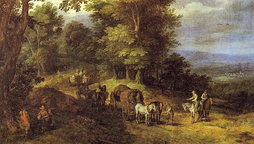 Belebter Fahrweg auf waldiger Höhe, , Jan Brueghel the Elder