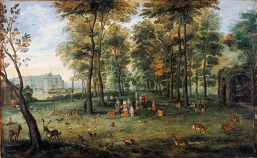 The archdukes Albert and Isabella walking in the park of their Brussels palace., 1615, Jan Brueghel the Elder