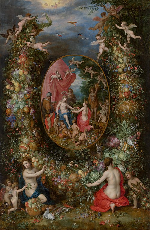 Garland of Flowers around an Allegory of Farming, 1615, Jan Brueghel the Elder