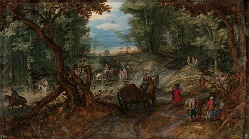Forestroad next to a fordable pond wiht travelers, 1607, Jan Brueghel l'Ancien