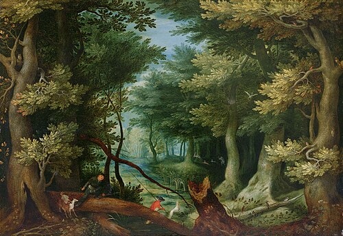 Forest landscape with deer hunt, 1593, Jan Brueghel the Elder