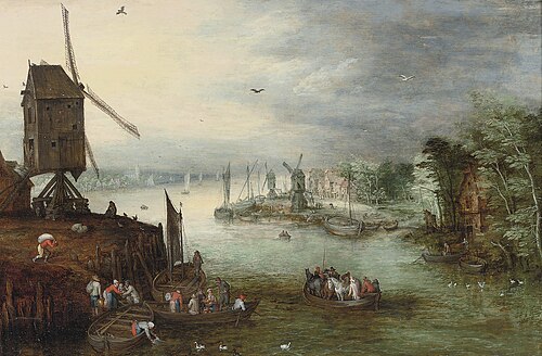 River landscape with windmills and ships, 1600, Jan Brueghel the Elder