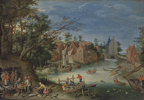 Fischverkauf am Ufer eines Kanals (Umkreis), 1596, Jan Brueghel the Elder