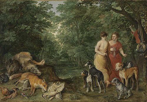 Two nymphs with hounds, 1620, Jan Brueghel the Elder