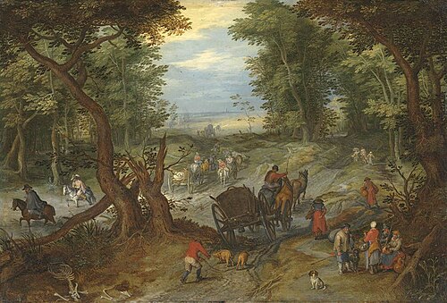 Forestroad next to a fordable pond wiht travelers, 1607, Jan Brueghel l'Ancien