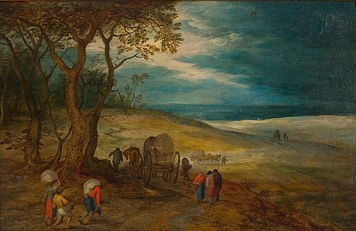 Heuvelachtig landschap met voetvolk en huifkarren, 1617, Jan Brueghel the Elder