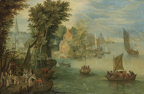 River Landscape with Figures on a Quay before a Town, 1607, Jan Brueghel the Elder