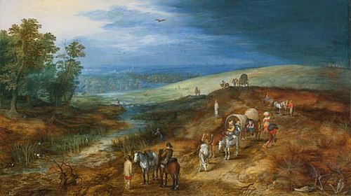 Landscape with travelers and bittern hunter, 1605, Jan Brueghel the Elder