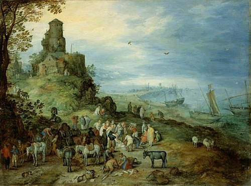 Coastal landscape with the calling of Peter and Andrew, 1608, Jan Brueghel the Elder