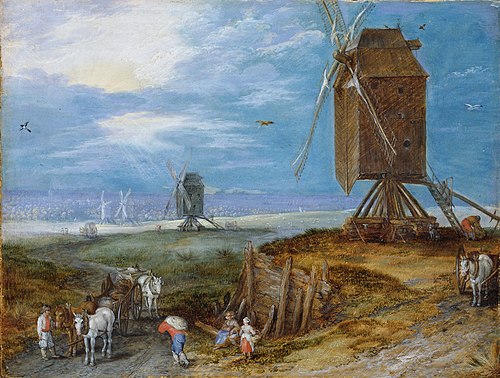 Extensive landscape with mills, peasants and carriages in the foreground, 1608, Jan Brueghel the Elder