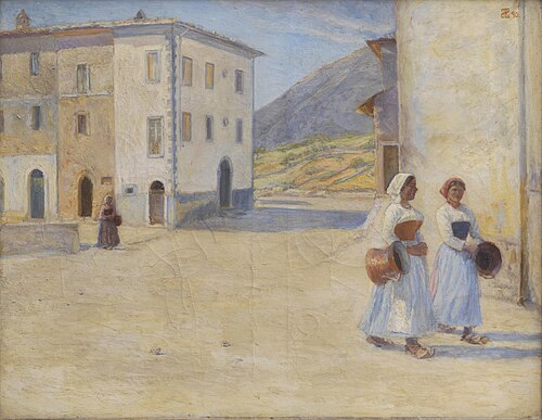 Piger på vej til brønden efter vand ved middagstid. Cività d'Antino, 1890, Henry Lørup