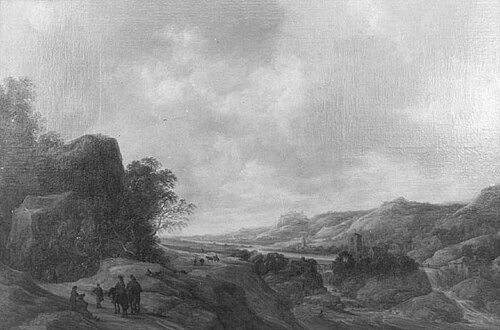 Heuvelachtig rivierlandschap met reizigers, 1650, François Knibbergen