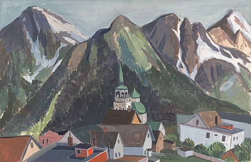 Russian Church and Three Mountains, Sitka, 1938, Arthur Kerrick