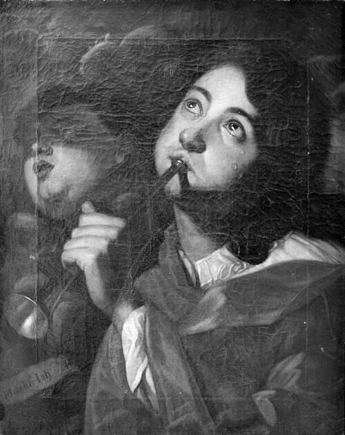 Trompetblæsende engel, i baggrunden keruber, 1722, Carl Christian Gottlieb