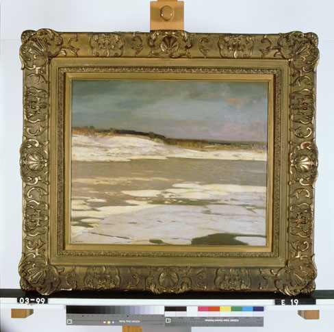 Rivier met ijsschotsen bij zonsondergang, 1910, Louis Willem van Soest