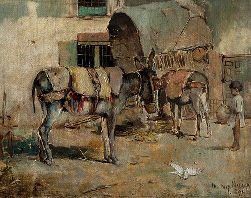 A Street Scene in Malaga with Child and Donkeys, 1891, Philippe Pavy