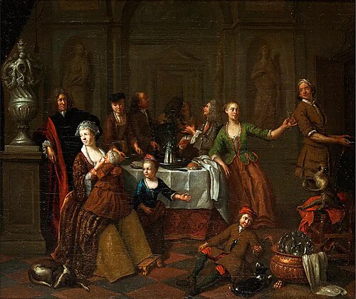 Elegant company enjoying a meal, 1718, Ignatius van der Beken