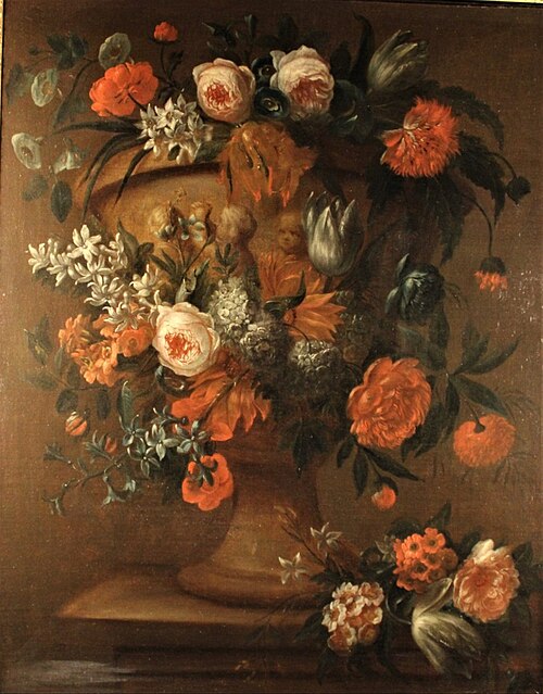 Vase of flowers on an entablature, 1730, Ignatius van der Beken