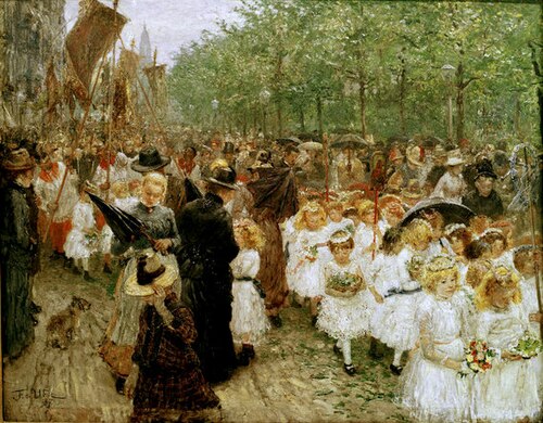 Kinderprozession im Regen (Fronleichnamsprozession in Dresden), 1887, Fritz von Uhde