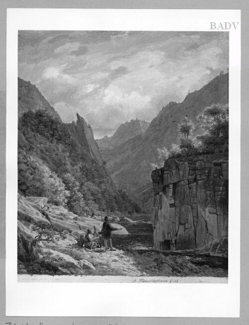landscape: river-valley, two hunters, 1836, Adolf Höninghaus