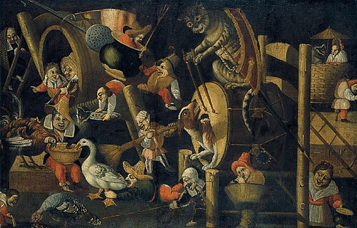 Grotesque scene with a cat beating a drum, , Master of the Fertility of the Egg