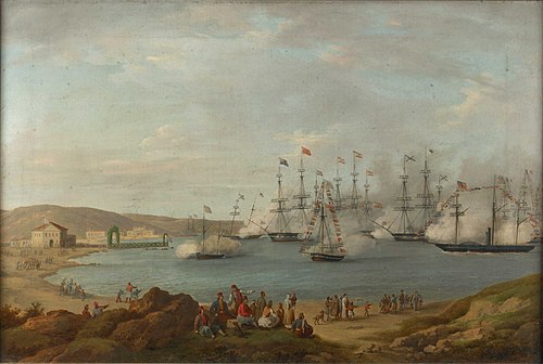 The international squadron carrying Prince Otto of Bavaria to become King of Greece firing a salute , 1833, Anton Schranz