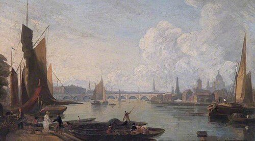 Waterloo Bridge and the Thames from Westminster Landing Stage, London, 1821, Charles Deane